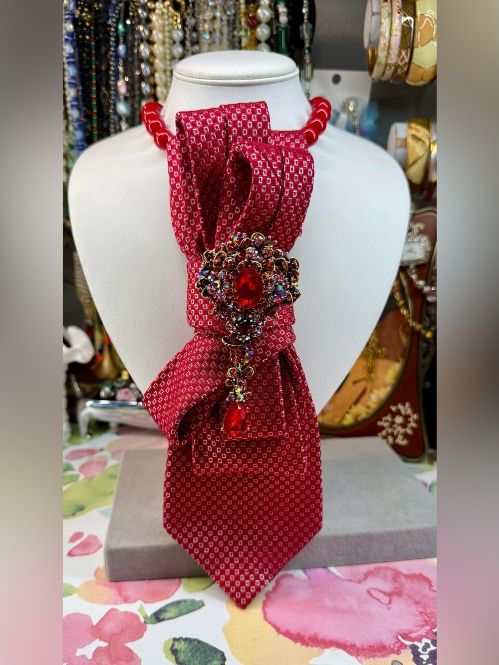 Vintage Red Tie-Style Scarf with Ornate Red Jeweled Brooch
